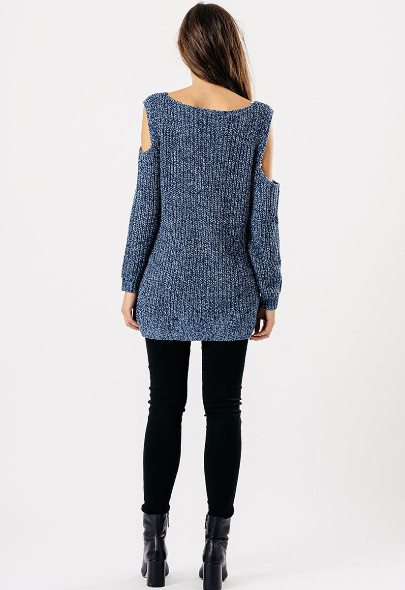 Blue Distressed Cold Shoulder Knitted Jumper