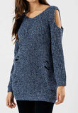 Blue Distressed Cold Shoulder Knitted Jumper