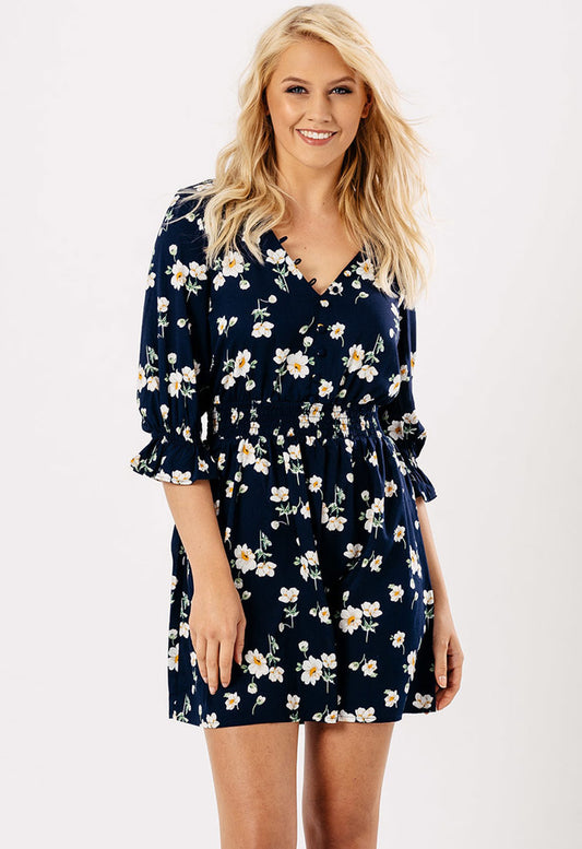 Blue Floral Button Detail V Neck Mini Dress