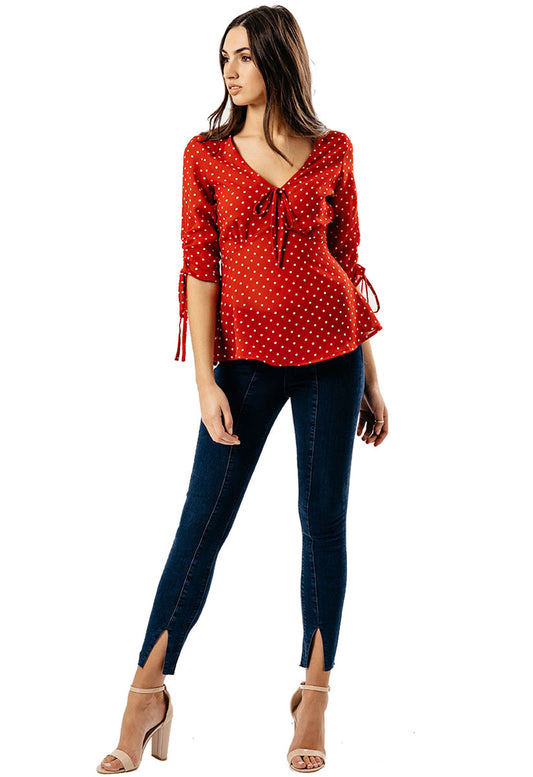 Red Polka Dot Tie Front Tea Top