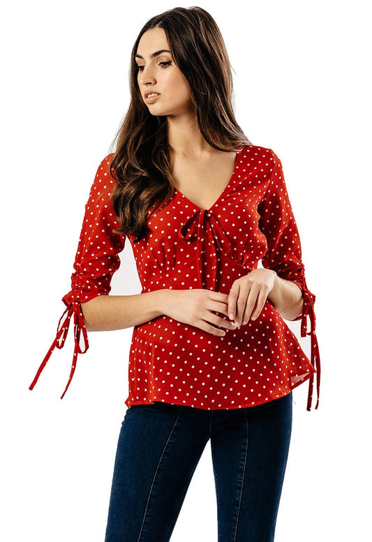 Red Polka Dot Tie Front Tea Top