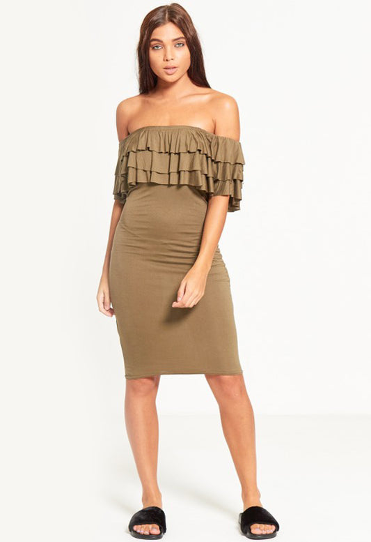 Khaki Frill Off Shoulder Midi Bodycon Dress