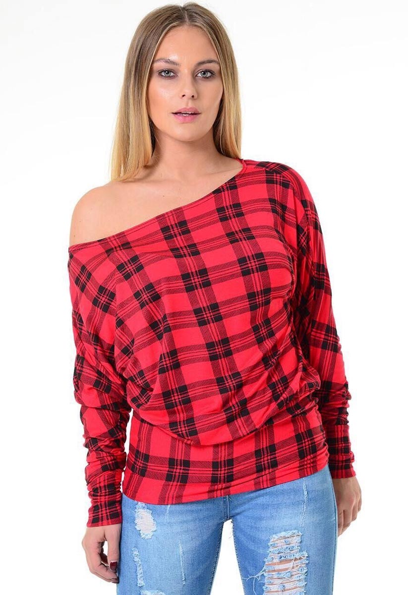 Tartan Print Off Shoulder Batwing Top