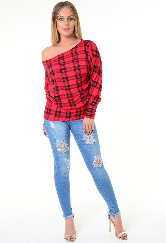 Tartan Print Off Shoulder Batwing Top