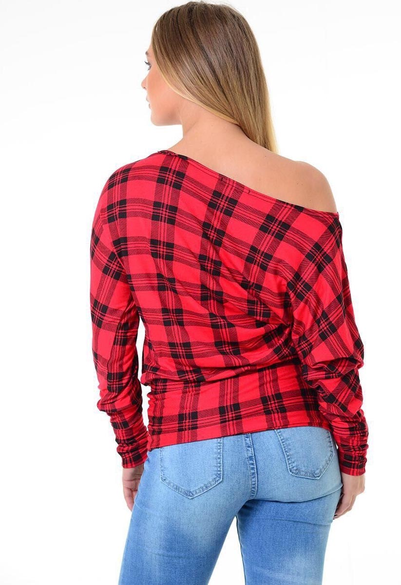 Tartan Print Off Shoulder Batwing Top