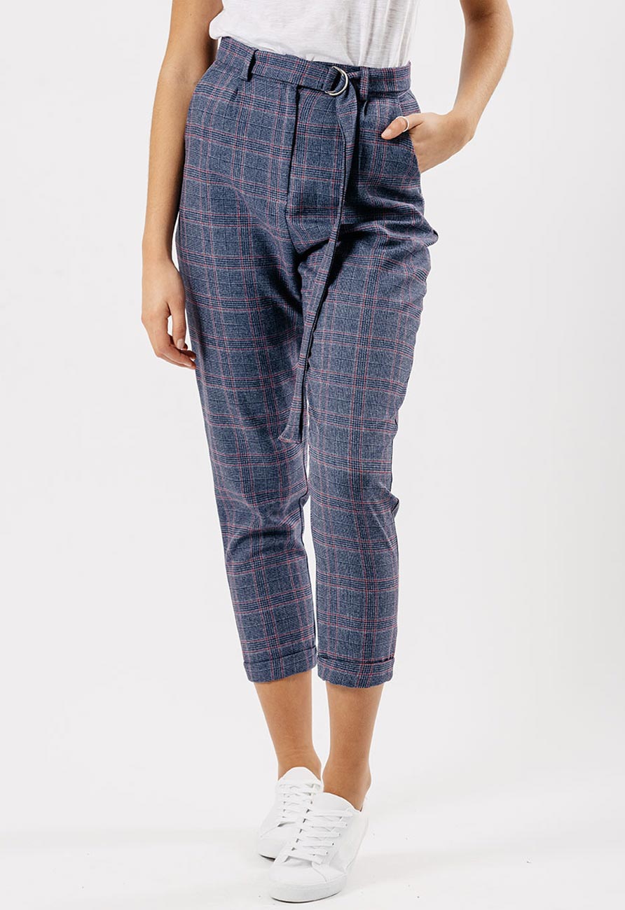 Blue Check Cigarette Trousers With D Ring Belt