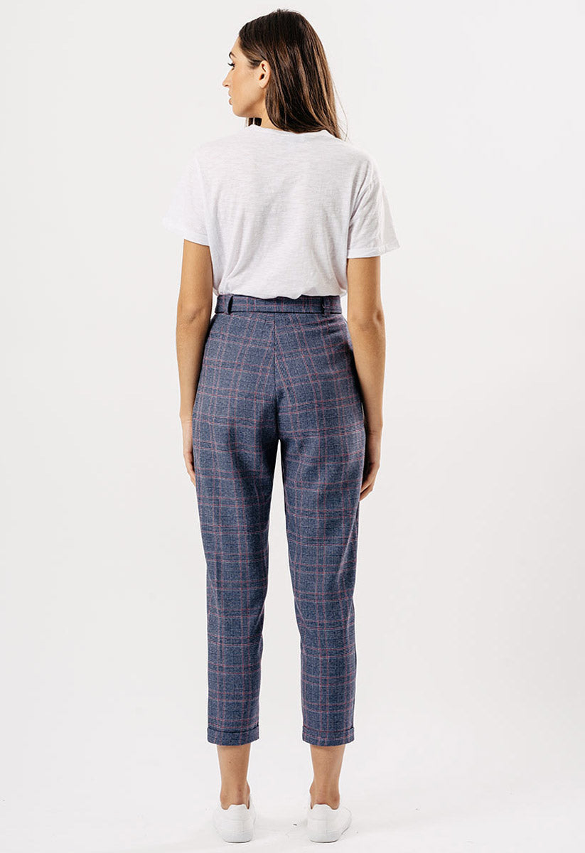 Blue Check Cigarette Trousers With D Ring Belt