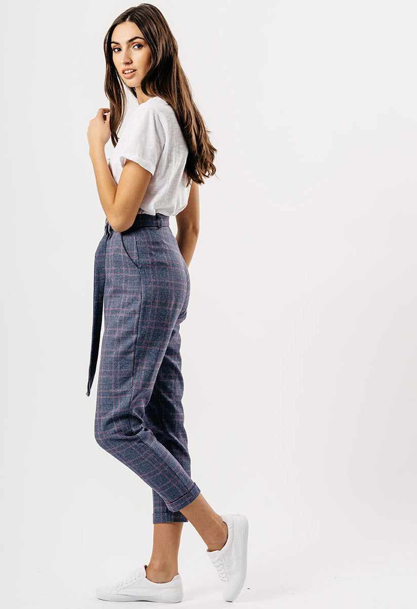 Blue Check Cigarette Trousers With D Ring Belt