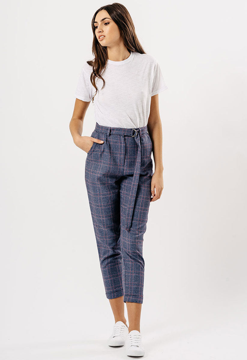 Blue Check Cigarette Trousers With D Ring Belt