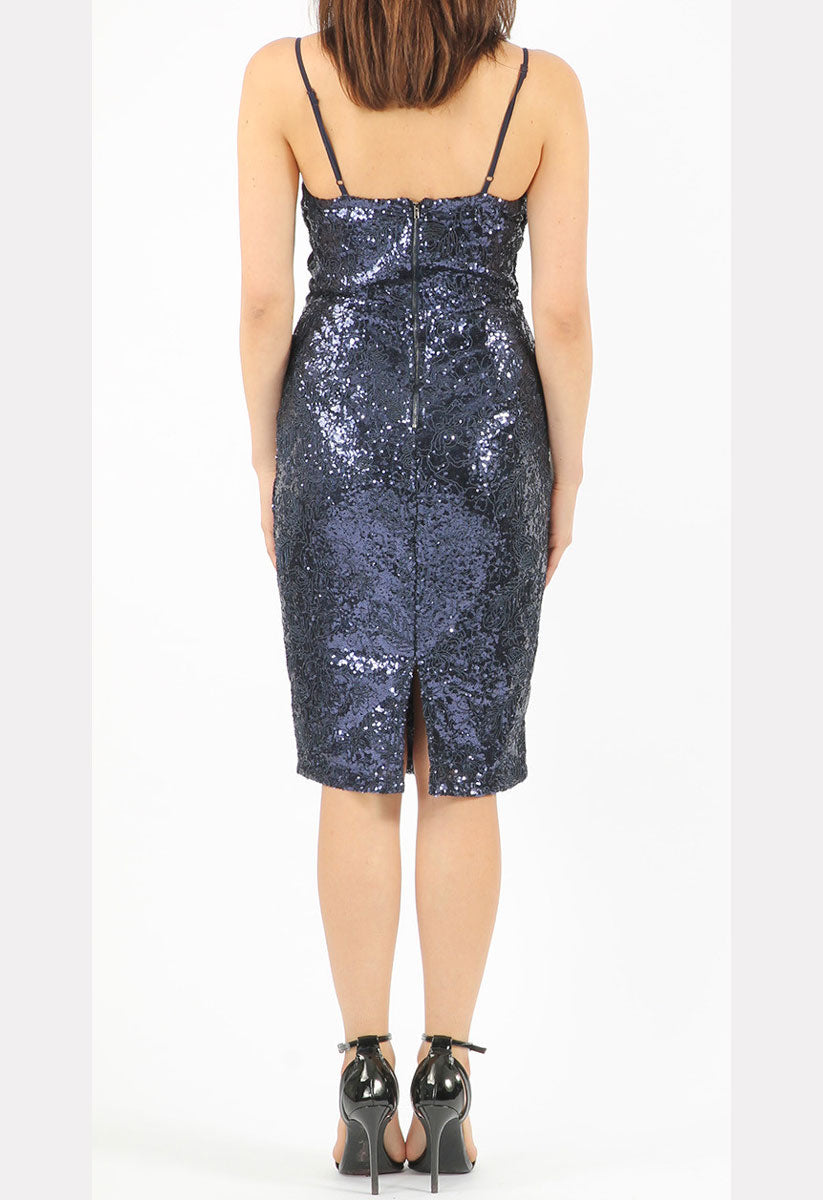 Navy Floral Detail Sequin Cami Midi Bodycon Dress