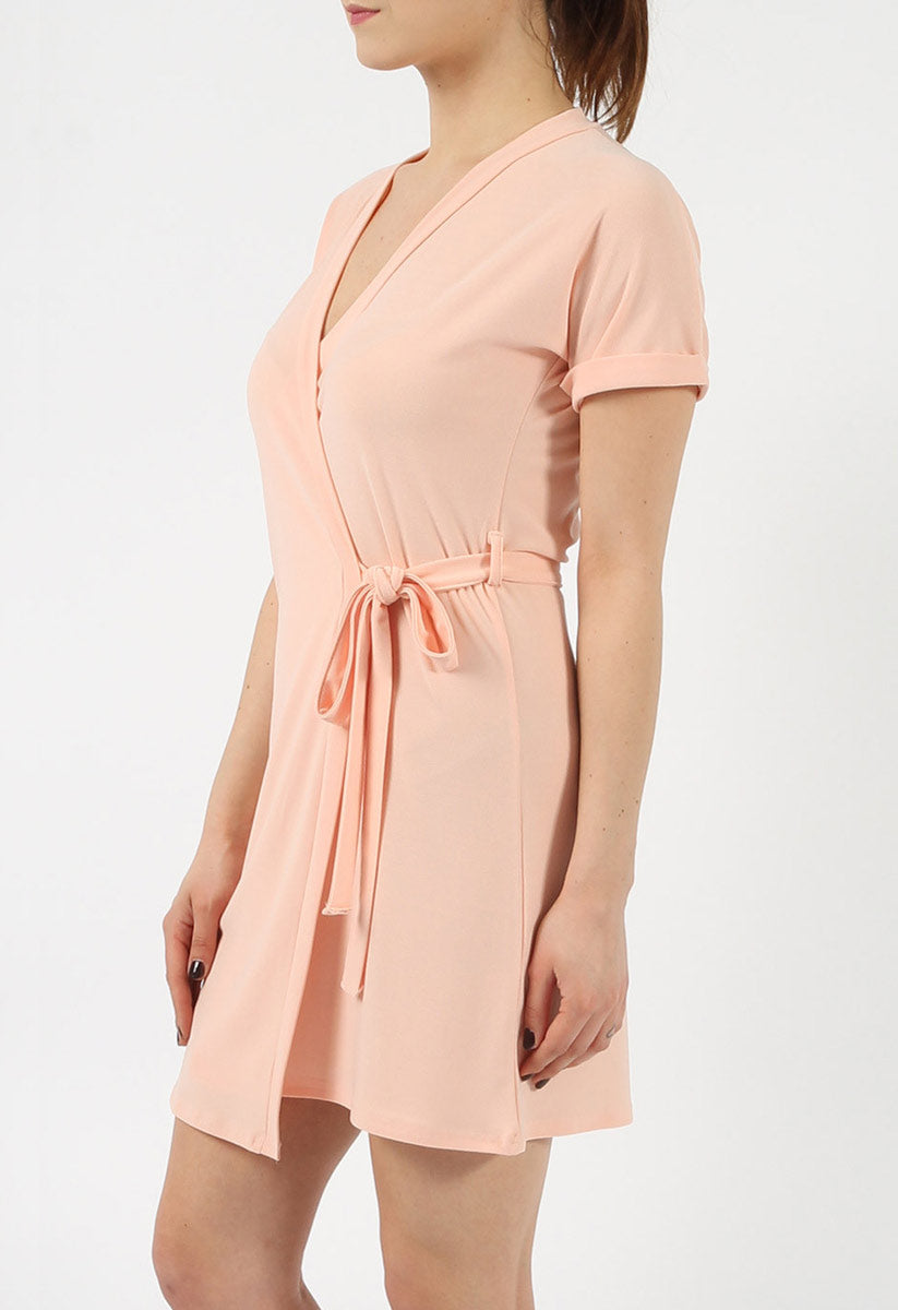 Nude Crepe Belted Wrap Mini Dress