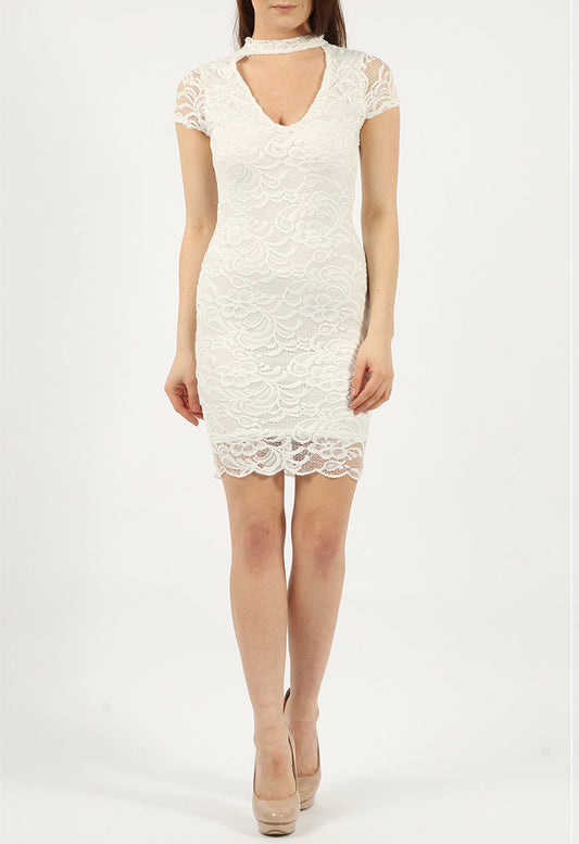 Ivory Lace Choker Mini Bodycon Dress