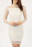 Ivory Polka Dot Mesh Frill Midi Bodycon Dress