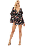 Black Floral Flute Sleeve Wrap Playsuit