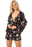 Black Floral Flute Sleeve Wrap Playsuit