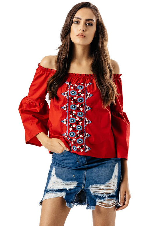 Red Embroidered Front Bardot Bell Sleeve Top