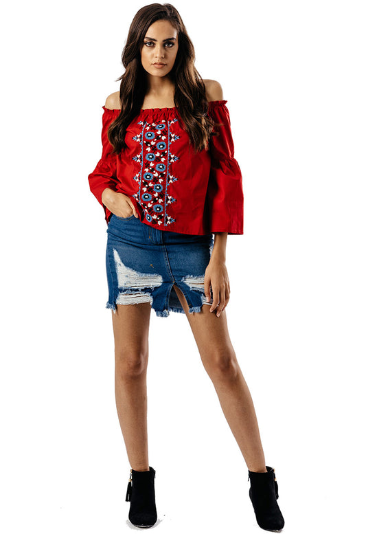 Red Embroidered Front Bardot Bell Sleeve Top