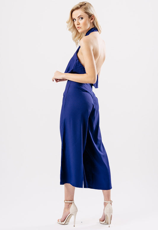 Blue Choker Neck Overlay Culotte Jumpsuit