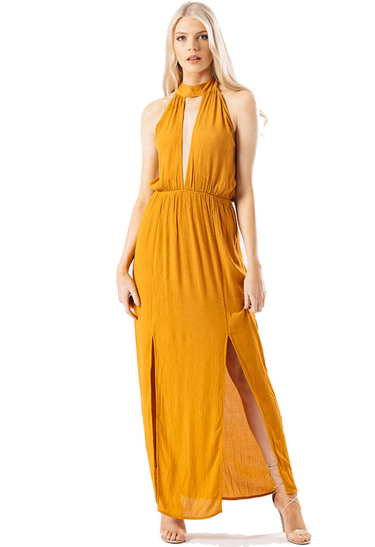 Mustard Cheesecloth Halterneck Maxi Dress