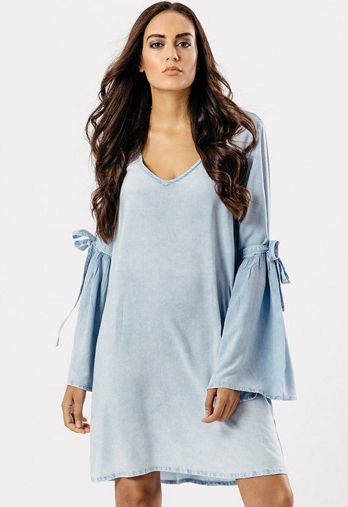 Blue Light Wash Tie Sleeve Mini Dress