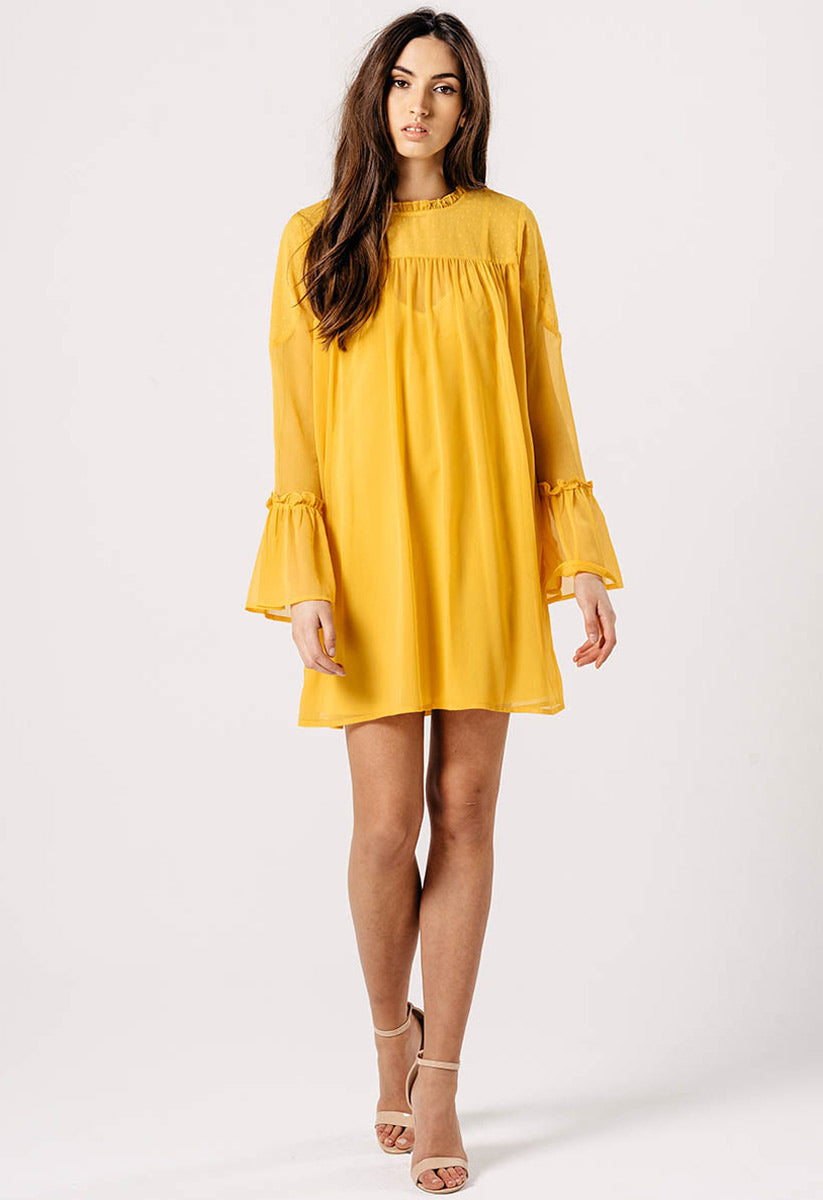 Mustard Flare Sleeve Dobby Print Mini Shift Dress