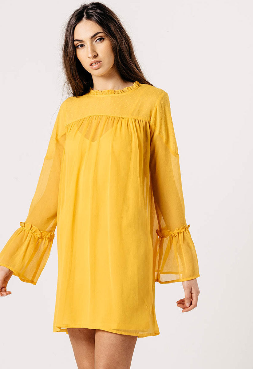 Mustard Flare Sleeve Dobby Print Mini Shift Dress