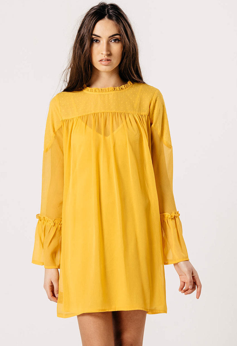 Mustard Flare Sleeve Dobby Print Mini Shift Dress