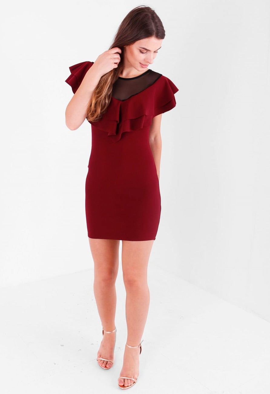 Wine Mesh Neck Frill Detail Mini Bodycon Dress