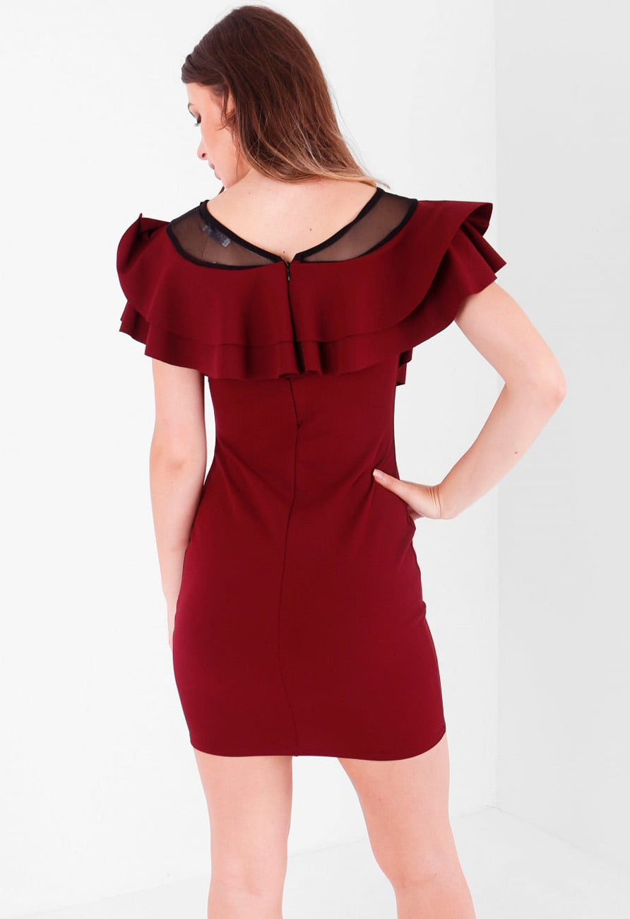 Wine Mesh Neck Frill Detail Mini Bodycon Dress