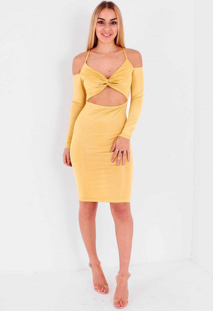 Mustard Front Knot Cold Shoulder Midi Bodycon Dress