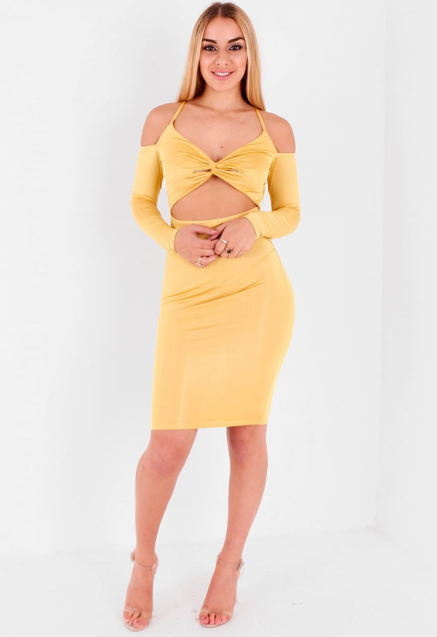 Mustard Front Knot Cold Shoulder Midi Bodycon Dress