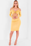 Mustard Front Knot Cold Shoulder Midi Bodycon Dress