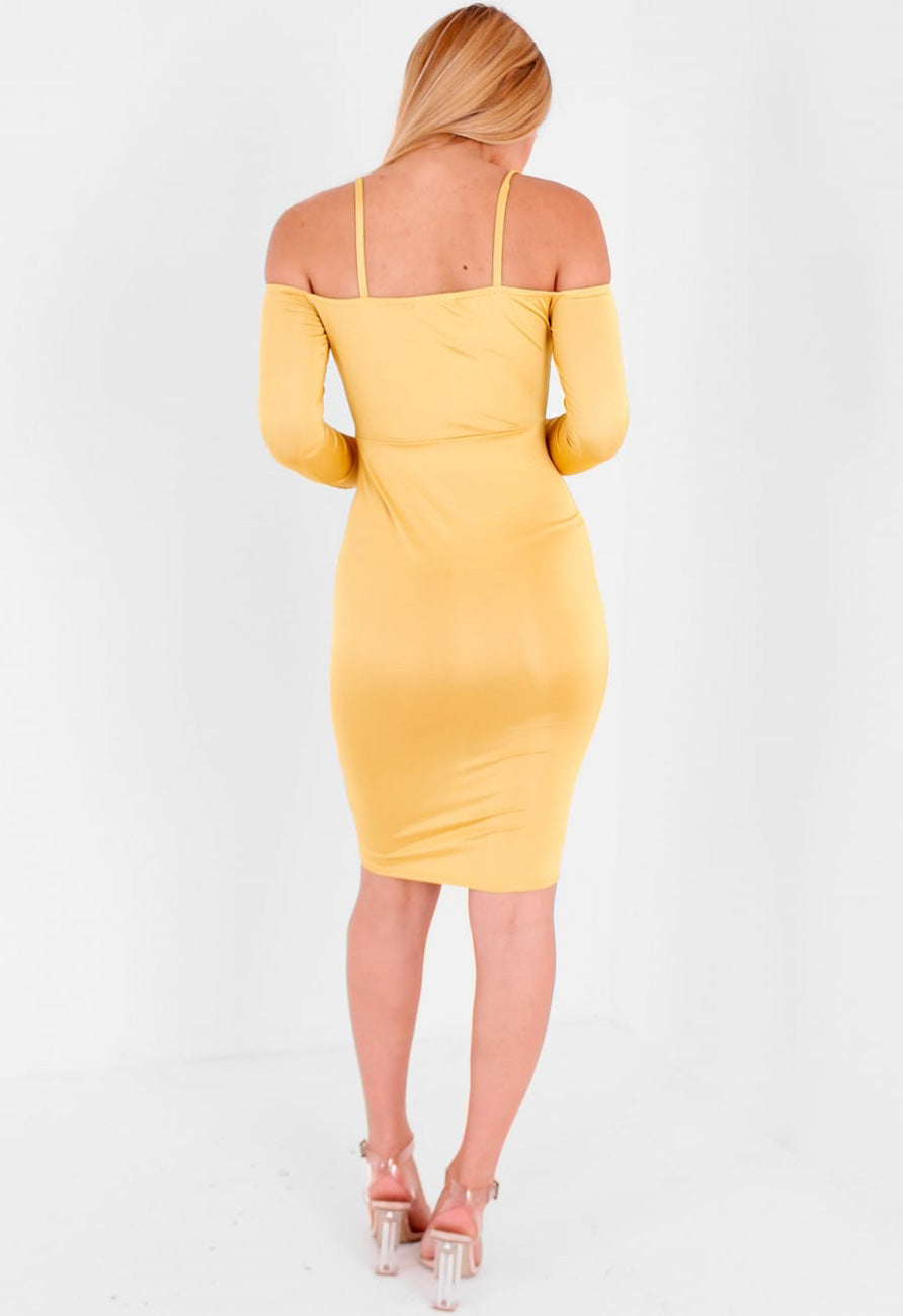 Mustard Front Knot Cold Shoulder Midi Bodycon Dress