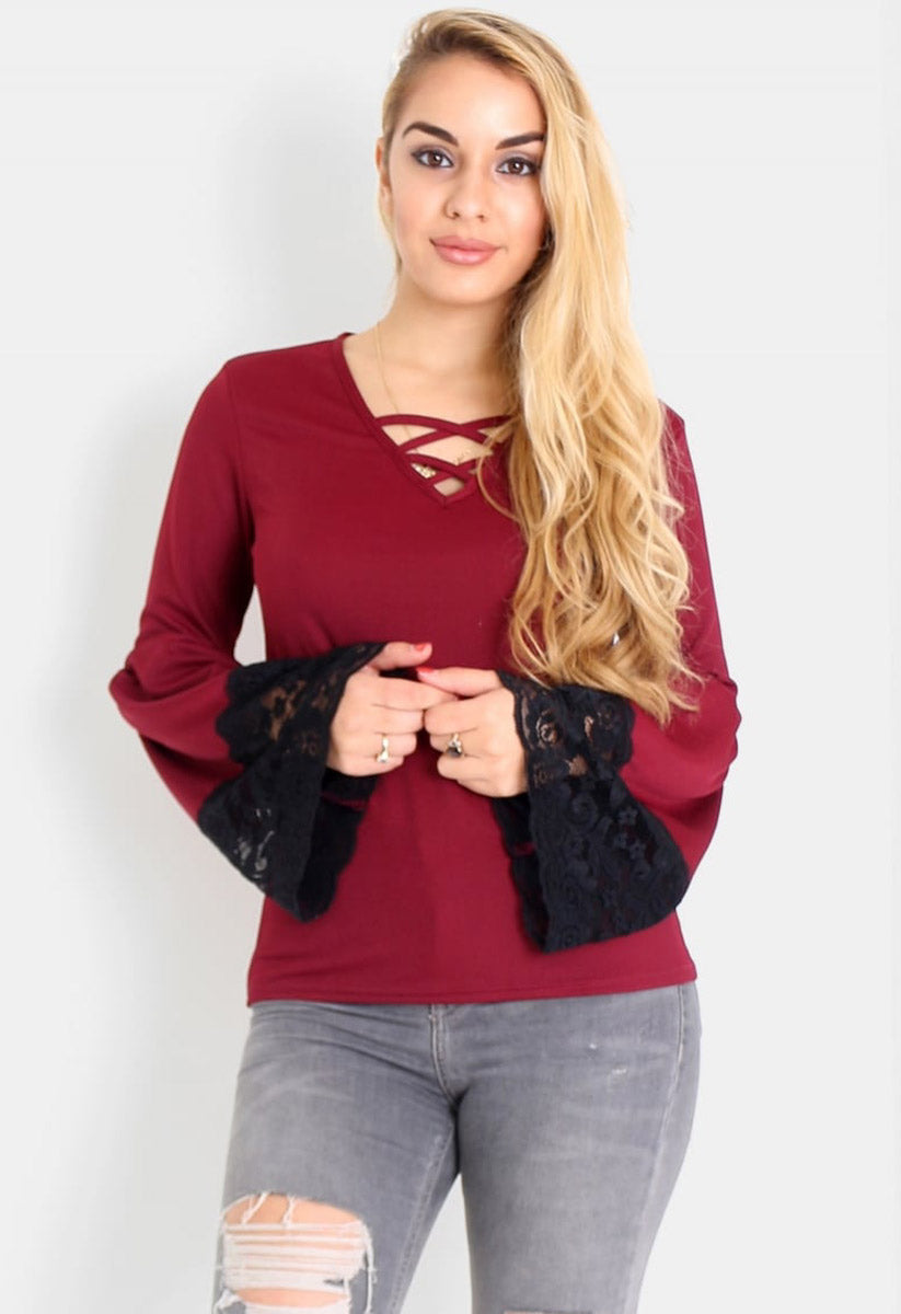 Wine Crochet Bell Sleeves top