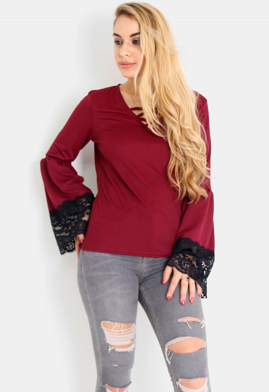 Wine Crochet Bell Sleeves top