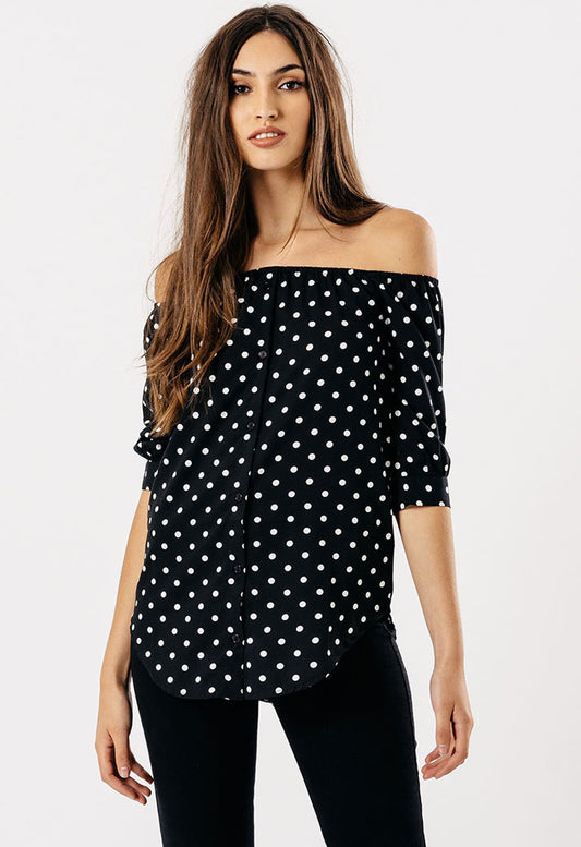 Black Polka Dot Bardot Button Curved Hem Top