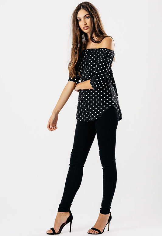 Black Polka Dot Bardot Button Curved Hem Top