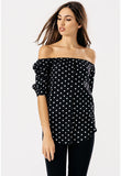 Black Polka Dot Bardot Button Curved Hem Top