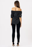 Black Polka Dot Bardot Button Curved Hem Top