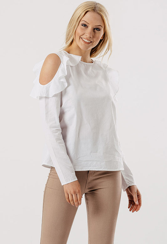 White Cold Shoulder Frill Shirt