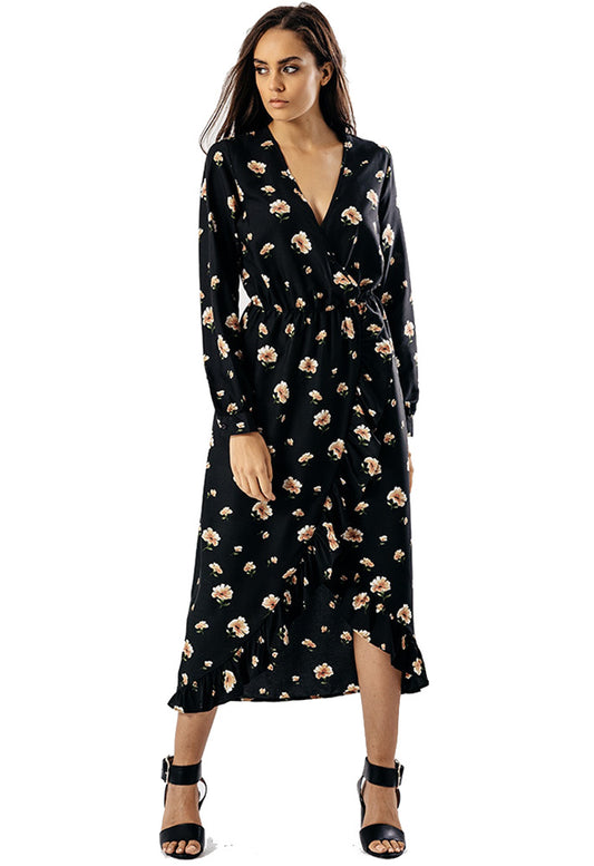 Black Floral Wrap Front Maxi Dress