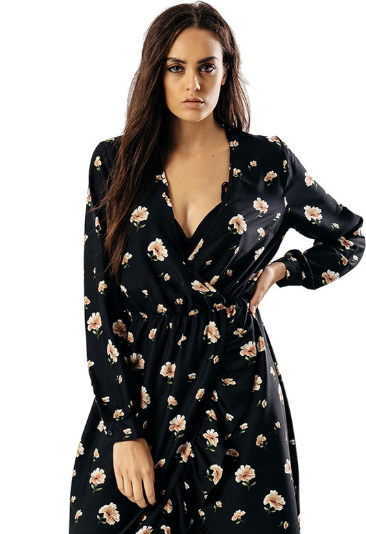 Black Floral Wrap Front Maxi Dress