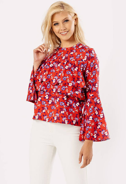 Red Flare Sleeve Frill Front Blouse Top