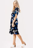 Blue Floral Print Self Tie Midi Dress