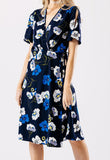 Blue Floral Print Self Tie Midi Dress