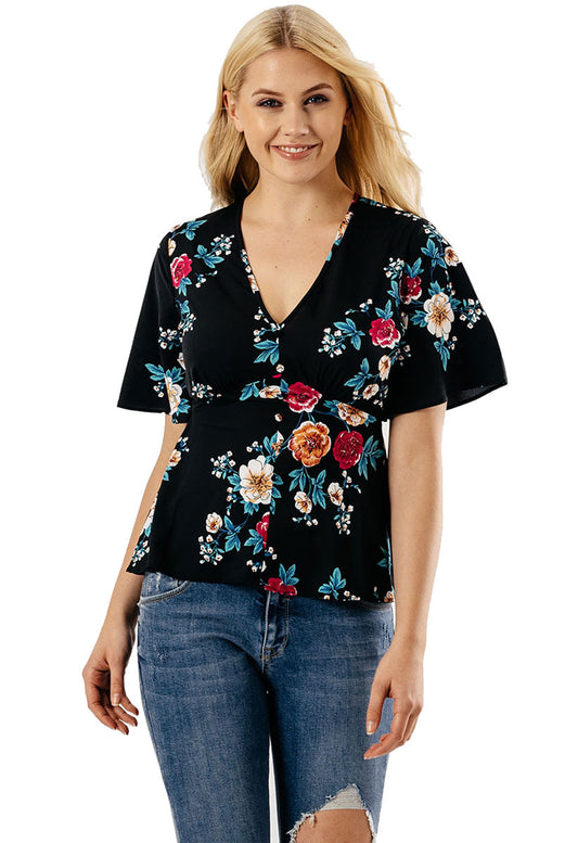 Black Floral Button Up Tea Blouse Top