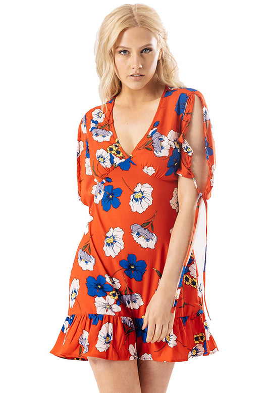 Red Floral Printed V Neck Tea Mini Dress