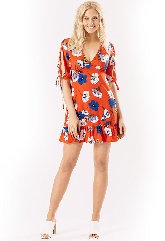 Red Floral Printed V Neck Tea Mini Dress