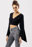 Black Cross Front Frill Sleeve Crop Top