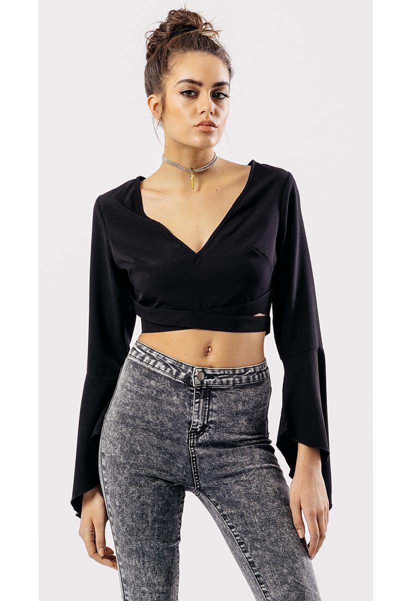 Black Cross Front Frill Sleeve Crop Top